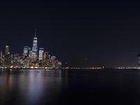 Night Skyline of New York City with Modern Architecture and Lake Reflection