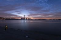 a man holding a baseball bat walks along the shore at sunset over water with the city skyline in the distance