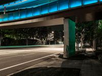 a very long blue bridge over a highway near trees and a street light lit up on the side of it