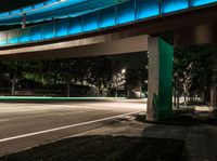 a very long blue bridge over a highway near trees and a street light lit up on the side of it