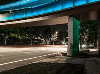 a very long blue bridge over a highway near trees and a street light lit up on the side of it