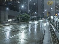 the street with no people is wet and has a light on at night in an urban area