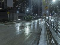 the street with no people is wet and has a light on at night in an urban area