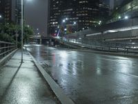 the street with no people is wet and has a light on at night in an urban area