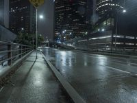 the street with no people is wet and has a light on at night in an urban area