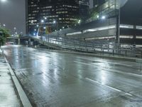 the street with no people is wet and has a light on at night in an urban area