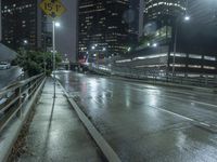 the street with no people is wet and has a light on at night in an urban area