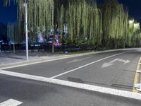 a street with a traffic light on a cloudy night with willow trees lining the street