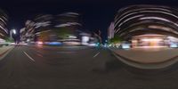 two blurred images of a street at night with light trails on the ground of it