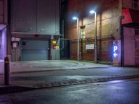 an empty parking garage with lights on it's doors and sign saying beware