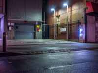 an empty parking garage with lights on it's doors and sign saying beware