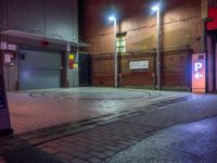 an empty parking garage with lights on it's doors and sign saying beware