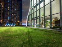 an outdoor area with grass, lights and tall buildings at night time in the background