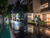 people walking down a street in the rain on a rainy night, with trees behind them