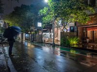 people walking down a street in the rain on a rainy night, with trees behind them