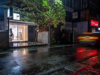 people walking down a street in the rain on a rainy night, with trees behind them