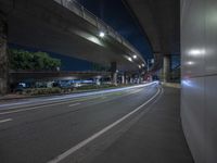 the lights are on at night under a highway overpass and trees along the side