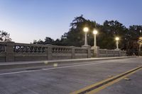 the empty paved bridge has illuminated street lamps lit up at night and people walking over it