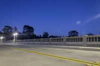 the empty paved bridge has illuminated street lamps lit up at night and people walking over it