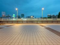 people standing on a subway platform with many buildings in the background at night light in tokyo