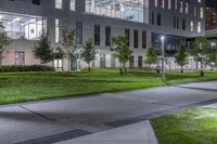 the green grass on the street is illuminated by lights of different size and shape in the buildings