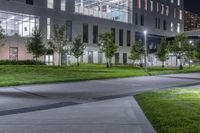 the green grass on the street is illuminated by lights of different size and shape in the buildings