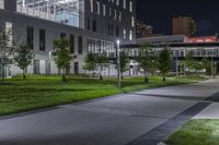 the green grass on the street is illuminated by lights of different size and shape in the buildings