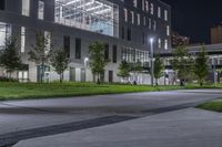 the green grass on the street is illuminated by lights of different size and shape in the buildings