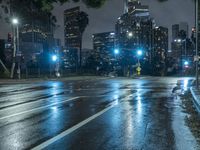 the traffic light reflects on a wet street at night as cars go by on the sidewalk