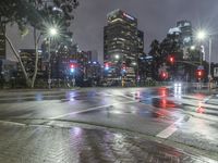 the traffic light reflects on a wet street at night as cars go by on the sidewalk