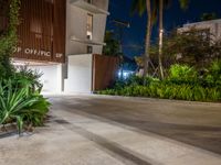 a building with bushes and trees on a walkway near it at night, surrounded by other plants and shrubs