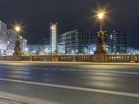 some street lights on a street and buildings at night time at city street with road and road