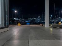 Night View of Cityscape with Coastal Water and Road