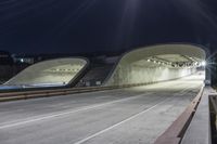 the front view of an empty tunnel at night with lights on and one of the walkways in the middle