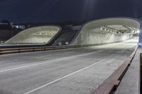 the front view of an empty tunnel at night with lights on and one of the walkways in the middle