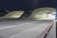 the front view of an empty tunnel at night with lights on and one of the walkways in the middle