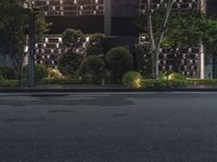 the empty street is next to an office building at night, with an asphalt road running past