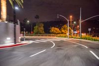 the night view of an intersection with traffic lights, street signs, palm trees and bushes