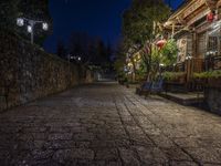 a long stone alley at night with street lights on either side of the pathway, next to a stone wall and trees