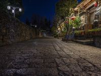 a long stone alley at night with street lights on either side of the pathway, next to a stone wall and trees