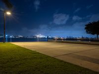 a view of a city at night next to the water, with a bench and fire hydrant in foreground