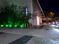 the outside of a building with green lights at night and a sidewalk with plants growing on the sides