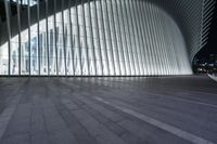 an empty concrete ground and some windows at night in a building with large vertical light panels and black flooring