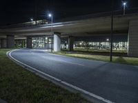 a bridge with cars going over it on an empty road at night in the city