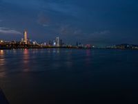 the view from an embankment of city skylines and a harbor at night as seen from across the water