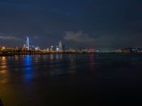 the view from an embankment of city skylines and a harbor at night as seen from across the water