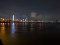 the view from an embankment of city skylines and a harbor at night as seen from across the water