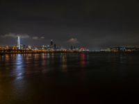 the view from an embankment of city skylines and a harbor at night as seen from across the water