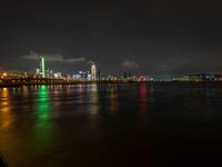 the view from an embankment of city skylines and a harbor at night as seen from across the water