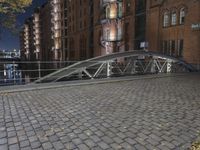 a street bridge that is over some buildings on a street at night, with some leaves all around the walkway